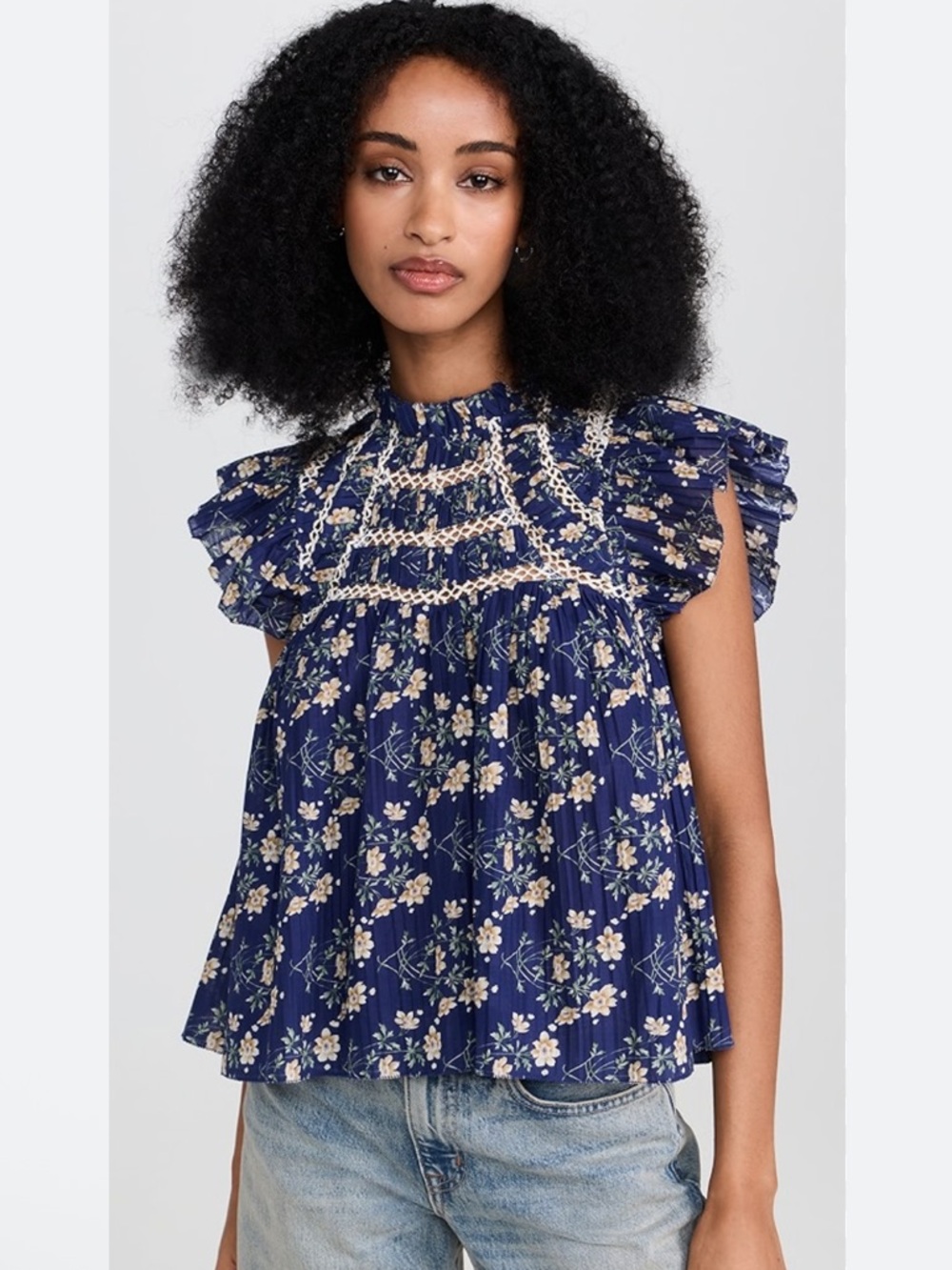 Sea New York Navy Floral Smocked Ruffle Sleeve Top